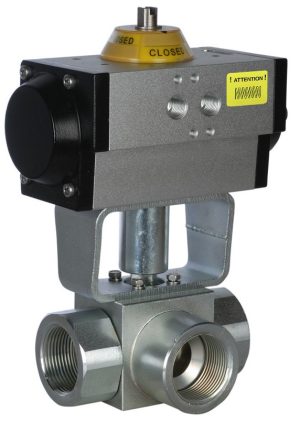 Шаровый кран, 3-ходовой, L-/Т-порт, углерод. сталь, Dn8-40, Pn350-400 BSP/NPT/под приварку встык/под приварку внахлест с пневмоприводом